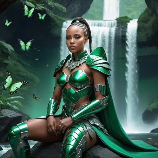 Prompt: Futuristic light skinned African female warrior with green eyes in emerald armor, platinum cape, dramatic pose, sitting by waterfall, surrounded by butterflies, 4k, ultra-detailed, sci-fi, powerful, dramatic, beautiful armor, intense gaze, futuristic, waterfall setting, holding a small winged dragon , professional, atmospheric lighting