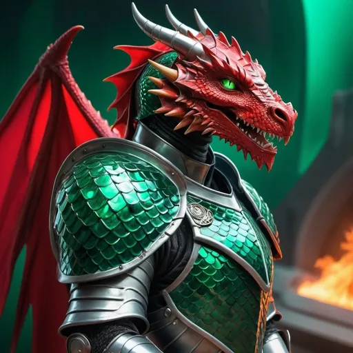 Prompt: 6-inch fire-scaled dragon pet perched on the shoulder of futuristic emerald-armored human knight, wearing an enclosed helmet, red cape, highres, detailed, futuristic, fantasy, dragon scales, armor details, intense gaze, vibrant colors, dramatic lighting