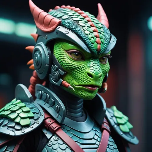 Prompt: Claymation scene of a futuristic sci-fi samurai armor-clad female lizard warrior, lizard face, detailed scales, intense and focused gaze, cool-toned color palette, urban cyberpunk setting, hi-res, ultra-detailed, claymation, sci-fi, samurai armor, detailed scales, futuristic, intense gaze, professional, atmospheric lighting