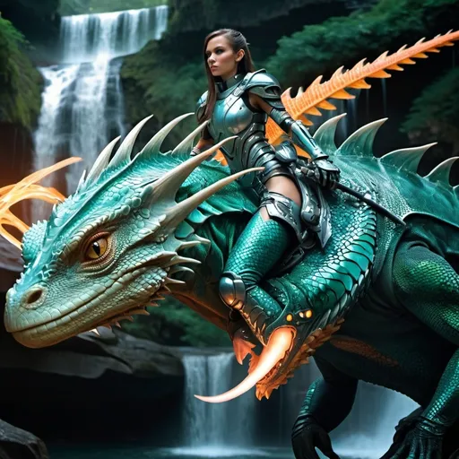 Prompt: Beautiful lizard woman in futuristic armor riding a dragon steed by stunning waterfalls, high quality, detailed, futuristic, armor, dragon steed, long tail, stunning waterfalls, lizard hybrid woman, professional, detailed scales, intense gaze, vibrant colors, fantasy, sci-fi, atmospheric lighting