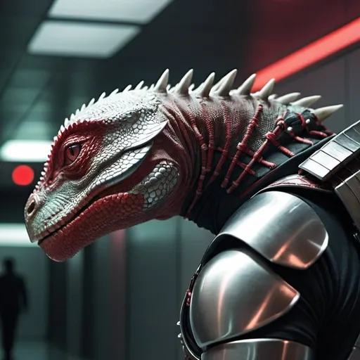 Prompt: Lizard man, with no helmet, wearing samurai armor, platinum and red, futuristic sci-fi, , powerful stance, in futuristic hallway