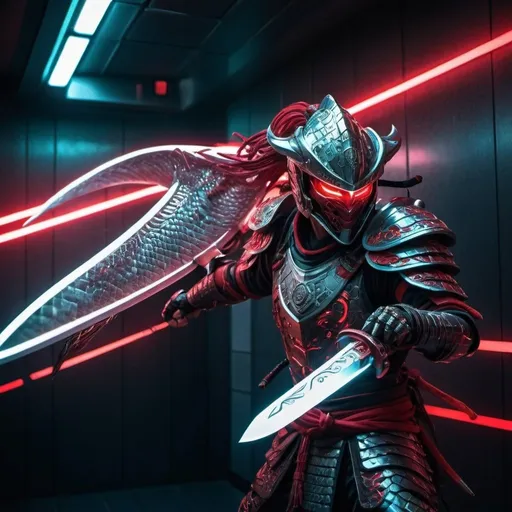 Prompt: Warrior with Lizard Face, with helmet in hand, wearing samurai, armored, platinum and red, futuristic sci-fi, detailed scales patterns, glowing neon armor, intense and piercing gaze, dynamic and powerful stance, high-tech samurai sword, cosmic energy effects, high quality, cosmic, neon armor, powerful stance, in futuristic hallway