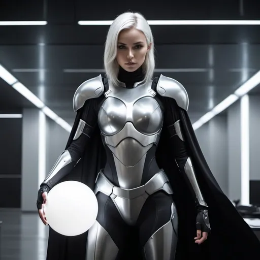 Prompt: Platinum female body armor, high-tech, futuristic, sleek design, detailed armor, intense focus, black cape, ball head, 4ft 9in tall, holding sword, holding glowing white sphere in right hand, futuristic office, best quality, highres, ultra-detailed, sci-fi, atmospheric lighting