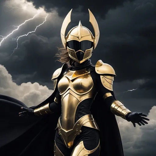 Prompt: Black and gold Female Armor with smooth sphere shaped helmet, sci-fi, flying, futuristic, dark sky, dramatic lighting, gold cape, hands outstretched with dark clouds and lightening forming in each hand