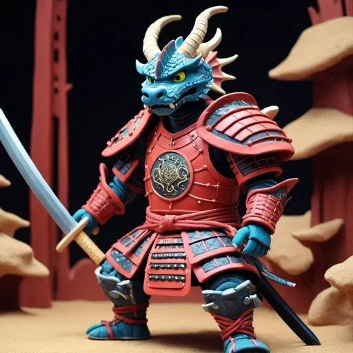 Prompt: claymation scene, Dragon Warrior in futuristic samurai armor