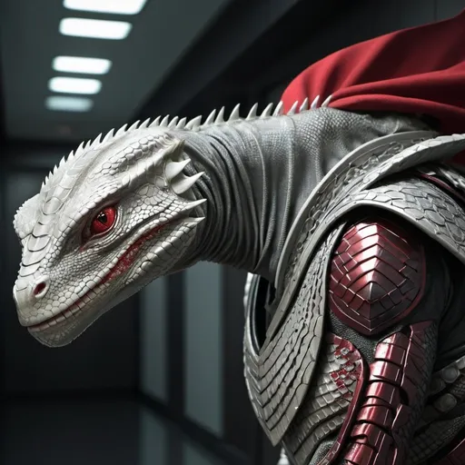 Prompt: Lizard man, long tail, futuristic samurai armor, platinum with red cape, powerful stance, futuristic sci-fi, detailed scales, intense gaze, no helmet, high-tech armor, vibrant lighting, detailed armor, reptilian features, sci-fi hallway, artistically detailed, highres, futuristic, powerful, detailed stance, intense gaze, dynamic lighting, samurai armor, platinum, reptilian features