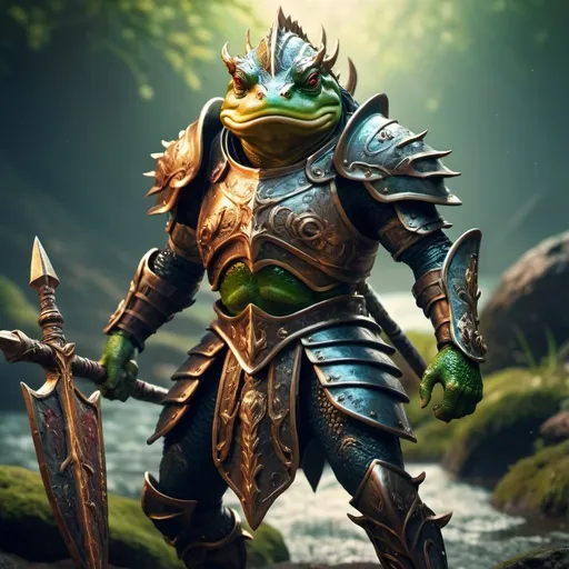 Prompt:  Warrior wearing Armor, wielding trident, fantasy 3D rendering, realistic textures, detailed armor plating, high quality, epic fantasy, vibrant and rich colors, dramatic lighting, fierce and powerful stance, warrior amphibian, fantasy creature, vivid and saturated tones, mythical character, heroic atmosphere, intricate details, professional rendering