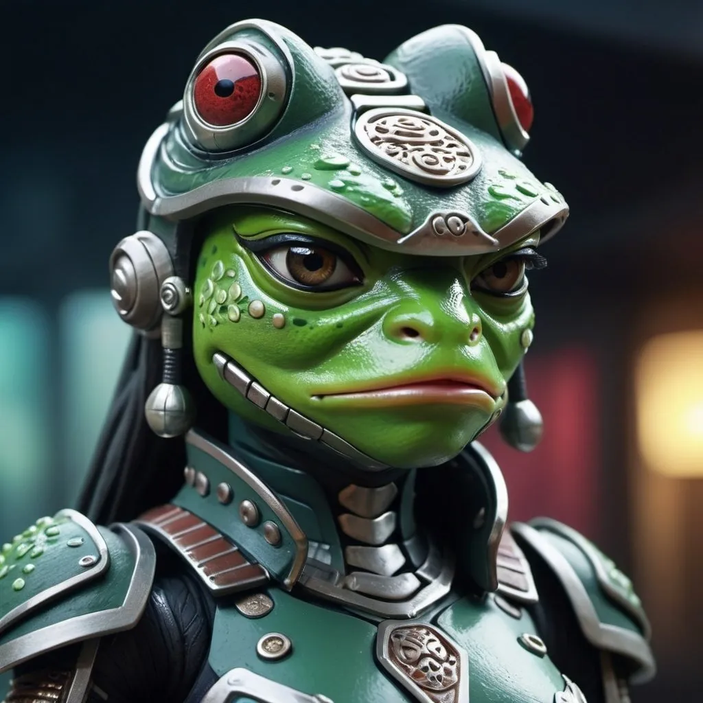 Prompt: Claymation scene of a futuristic sci-fi samurai armor-clad Frog female warrior, Frog face, detailed, intense and focused gaze, cool-toned color palette, urban cyberpunk setting, hi-res, ultra-detailed, claymation, sci-fi, samurai armor, detailed scales, futuristic, intense gaze, professional, atmospheric lighting