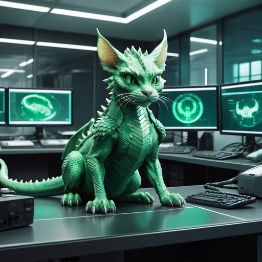 Prompt: A green scaled dragon cat sitting on a table in a futuristic sci-fi office surrounded by computer screens