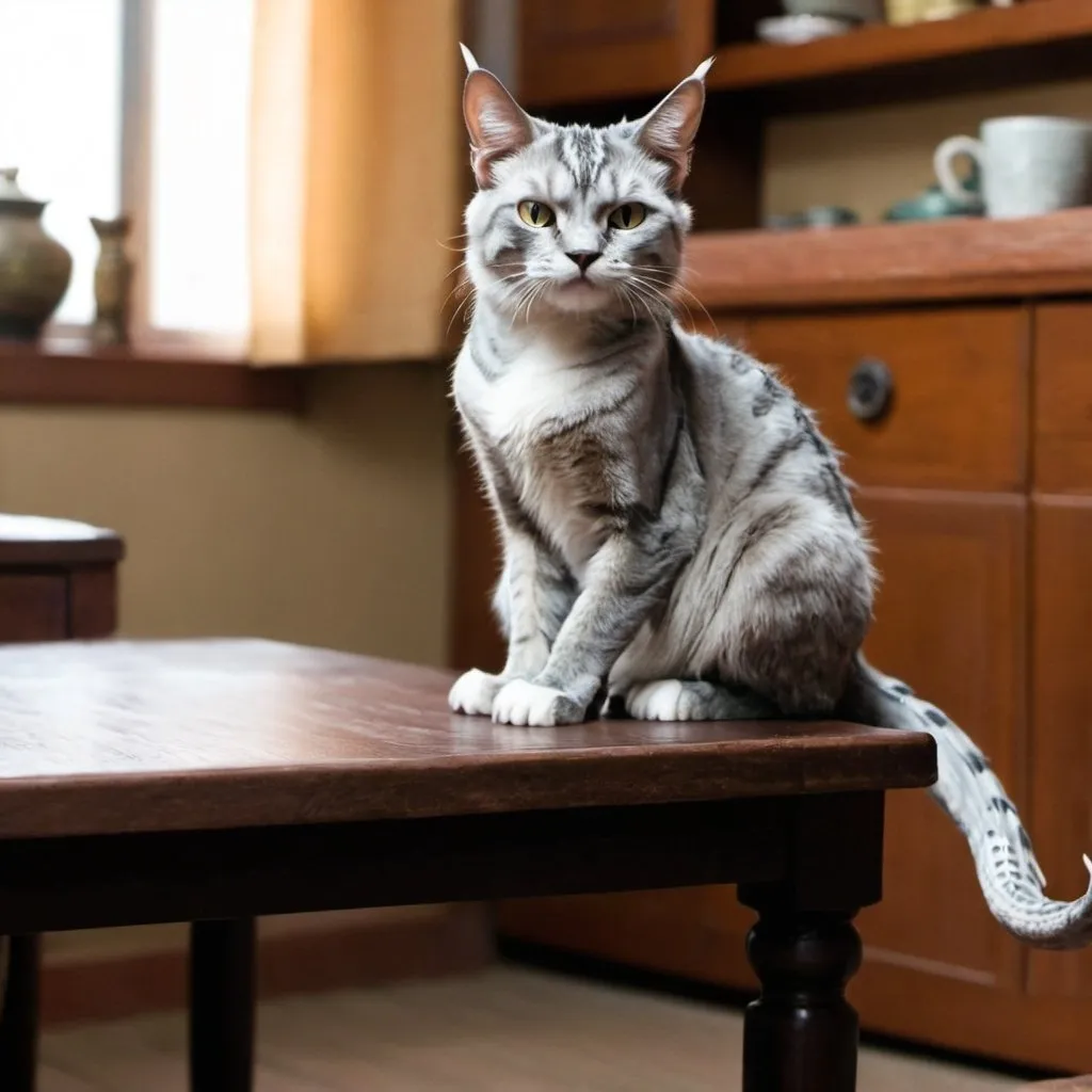 Prompt: A dragon cat sitting on a table