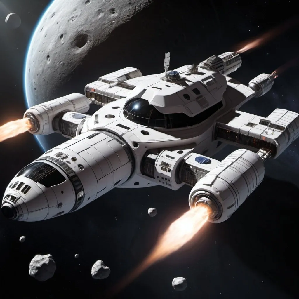 Prompt: Sleek Space cruiser, futuristic, Space Station orbiting large asteroid