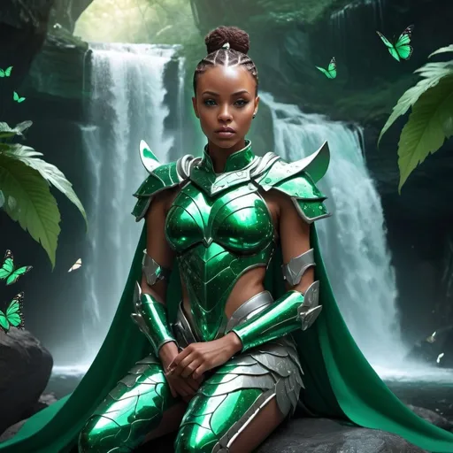 Prompt: Futuristic light skinned African female warrior with green eyes in emerald armor, platinum cape, dramatic pose, sitting by waterfall, surrounded by butterflies, 4k, ultra-detailed, sci-fi, powerful, dramatic, beautiful armor, sparkling, intense gaze, futuristic, waterfall setting, small dragon surroundings, professional, atmospheric lighting