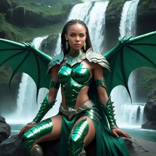 Prompt: Futuristic light skinned African female warrior with green eyes in emerald armor, platinum cape, dramatic pose, sitting by waterfall, surrounded by flying dragons, 4k, ultra-detailed, sci-fi, powerful, dramatic, beautiful armor, intense gaze, futuristic, waterfall setting, holding a small winged dragon , professional, atmospheric lighting