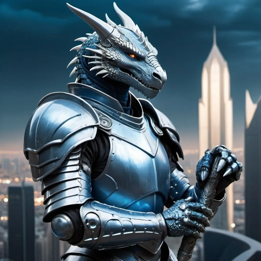 Prompt: Human knight in platinum and blue armor holding 6-inch dragon, futuristic cityscape, sci-fi, futuristic, detailed armor, futuristic planet, professional, atmospheric lighting, highres, ultra-detailed, sci-fi, futuristic, knight, platinum and blue armor, 6-inch dragon, cityscape, detailed, intense gaze, futuristic planet