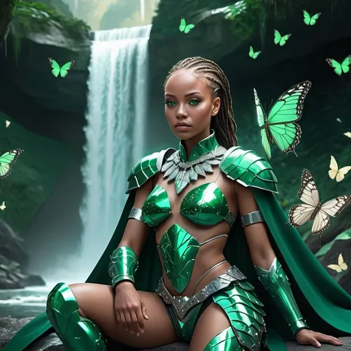 Prompt: Futuristic light skinned African female warrior with green eyes in emerald armor, platinum cape, dramatic pose, sitting by waterfall, surrounded by butterflies, 4k, ultra-detailed, sci-fi, powerful, dramatic, beautiful armor, sparkling, intense gaze, futuristic, waterfall setting, butterfly surroundings, professional, atmospheric lighting