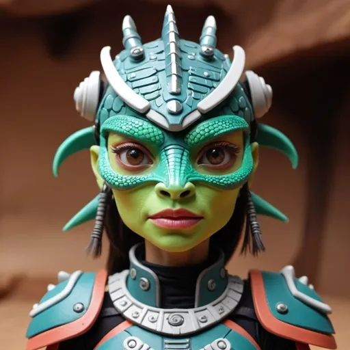 Prompt: claymation scene, pretty Lizard face Female Warrior in futuristic sci-fi samurai armor