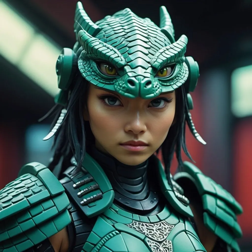 Prompt: Claymation scene of a futuristic sci-fi samurai armor-clad female warrior, lizard face, detailed scales, intense and focused gaze, cool-toned color palette, urban cyberpunk setting, hi-res, ultra-detailed, claymation, sci-fi, samurai armor, detailed scales, futuristic, intense gaze, professional, atmospheric lighting