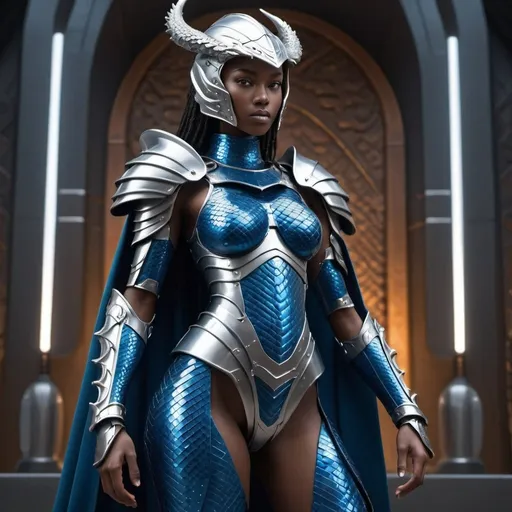 Prompt: Platinum African female body dragon scale armor, sleek design, detailed armor, intense focus, blue cape, ball helmet, 4ft 9in tall, holding sword in right hand, futuristic throne room, best quality, highres, ultra-detailed, sci-fi, atmospheric lighting, futuristic, intense gaze, futuristic sword, platinum armor, detailed scales, regal posture, futuristic technology, powerful stance, detailed craftsmanship