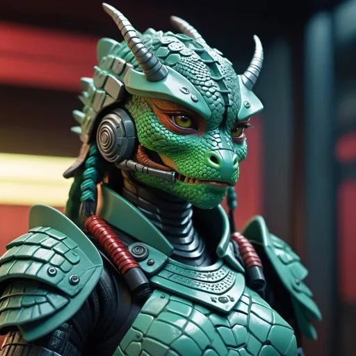 Prompt: Claymation scene of a futuristic sci-fi samurai armor-clad female lizard warrior, lizard face, detailed scales, intense and focused gaze, cool-toned color palette, urban cyberpunk setting, hi-res, ultra-detailed, claymation, sci-fi, samurai armor, detailed scales, futuristic, intense gaze, professional, atmospheric lighting