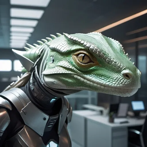 Prompt: Pretty Female Lizard face warrior in futuristic sci-fi armor, Standing in Futuristic Office 