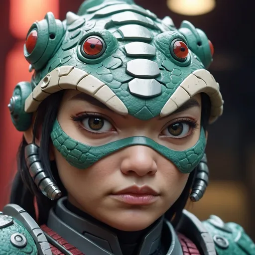 Prompt: Claymation scene of a futuristic sci-fi samurai armor-clad toad female face warrior, toad face, detailed scales, intense and focused gaze, cool-toned color palette, urban cyberpunk setting, hi-res, ultra-detailed, claymation, sci-fi, samurai armor, detailed scales, futuristic, intense gaze, professional, atmospheric lighting