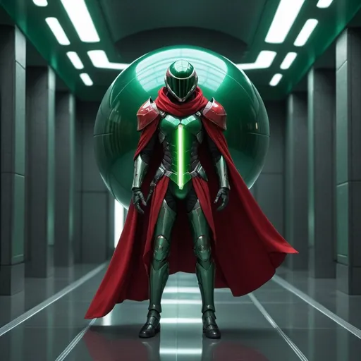 Prompt: Emerald body armor, spherical ball head, red cape, futuristic hallway, sword strapped on back, levitating, 5ft 9in tall, high-tech, sleek design, sci-fi, futuristic, detailed armor, atmospheric lighting, intense focus, levitation, best quality, highres, ultra-detailed