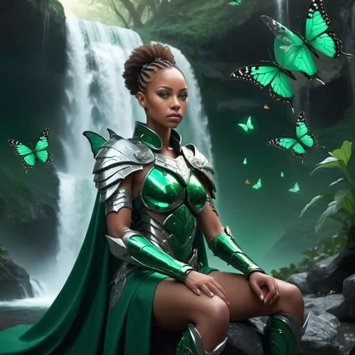 Prompt: Futuristic light skinned African female warrior with green eyes in emerald armor, platinum cape, dramatic pose, sitting by waterfall, surrounded by butterflies, 4k, ultra-detailed, sci-fi, powerful, dramatic, beautiful armor, sparkling, intense gaze, futuristic, waterfall setting, small pet dragon , professional, atmospheric lighting