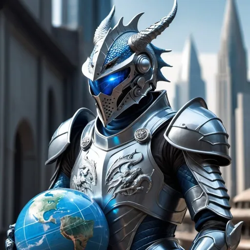 Prompt: Human knight in platinum and blue armor with globe helmet holding 6-inch dragon, futuristic cityscape, sci-fi, futuristic, detailed armor, futuristic planet, professional, atmospheric lighting, highres, ultra-detailed, sci-fi, futuristic, knight, platinum and blue armor, 6-inch dragon, cityscape, detailed, intense gaze, futuristic planet