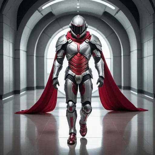 Prompt: An platinum suit of body armor with a spherical head with a red cape and a sword strapped across his back 5ft 9 inches tall gliding a few feet off the ground in a futuristic hallway