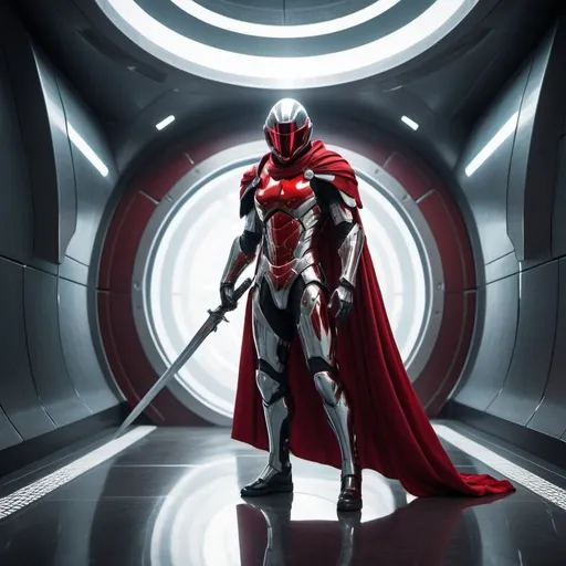 Prompt: Platinum body armor, spherical head, red cape, sword strapped, 5ft 9in tall, gliding, futuristic hallway, high-tech, polished metal, detailed reflections, intense futuristic atmosphere, professional, sci-fi, dynamic composition, atmospheric lighting, cool tones, best quality, highres, ultra-detailed