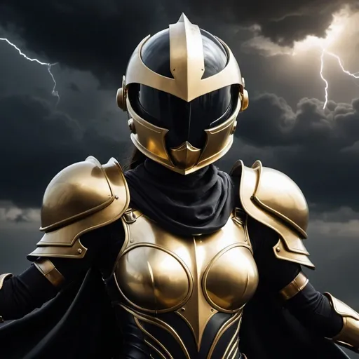 Prompt: Black and gold smooth Female Armor with smooth sphere shaped helmet, sci-fi, flying, futuristic, dark sky, dramatic lighting, gold cape, hands outstretched with dark clouds and lightening forming in each hand