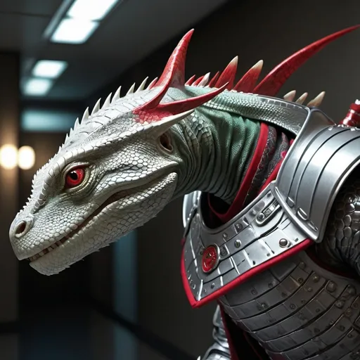 Prompt: Lizard man in futuristic samurai armor, platinum with red cape, powerful stance, futuristic sci-fi, detailed scales, intense gaze, no helmet, high-tech armor, vibrant lighting, detailed armor, reptilian features, sci-fi hallway, artistically detailed, highres, futuristic, powerful, detailed stance, intense gaze, dynamic lighting, samurai armor, platinum, reptilian features