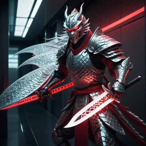 Prompt: smooth dragon-faced warrior, wearing samurai, armored, platinum and red, futuristic sci-fi, detailed scales patterns, glowing neon armor, intense and piercing gaze, dynamic and powerful stance, high-tech samurai sword, cosmic energy effects, high quality, cosmic, neon armor, powerful stance, in futuristic hallway