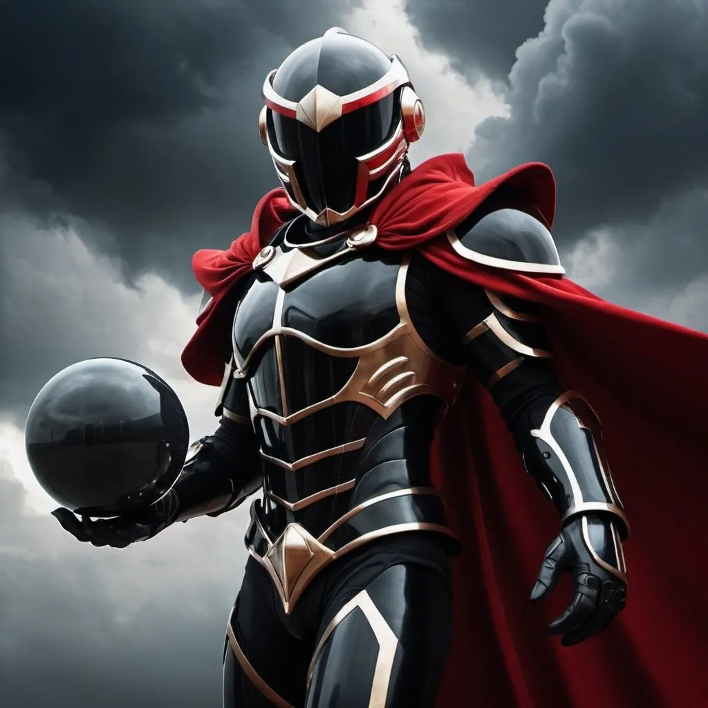 Prompt: Black onyx Armor with smooth sphere shaped helmet, sci-fi, flying, futuristic, overcast sky, dramatic lighting, red cape, hands outstretched with dark clouds and lightening in each hand