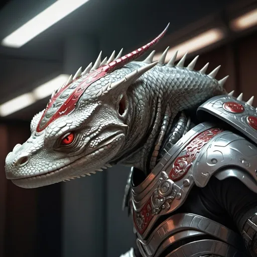 Prompt: Lizard man in futuristic samurai armor, platinum with red cape, powerful stance, futuristic sci-fi, detailed scales, intense gaze, no helmet, high-tech armor, vibrant lighting, detailed armor, reptilian features, sci-fi hallway, artistically detailed, highres, futuristic, powerful, detailed stance, intense gaze, dynamic lighting, samurai armor, platinum, reptilian features