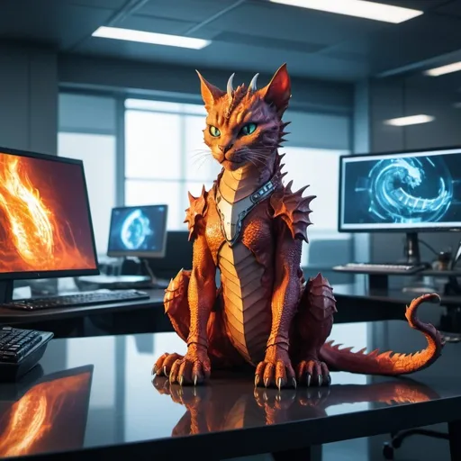 Prompt: A fire scaled dragon cat sitting on a table in a futuristic sci-fi office surrounded by computer screens