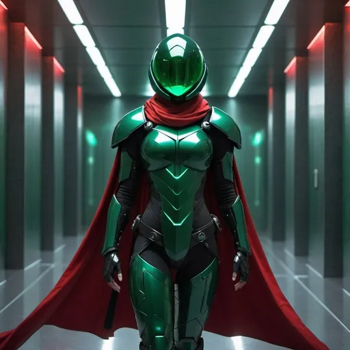 Prompt: Emerald female body armor, high-tech, sleek design, sci-fi, futuristic, detailed armor, atmospheric lighting, intense focus, levitating, red cape, spherical ball head, 5ft 9in tall, sword strapped on back, futuristic hallway, best quality, highres, ultra-detailed