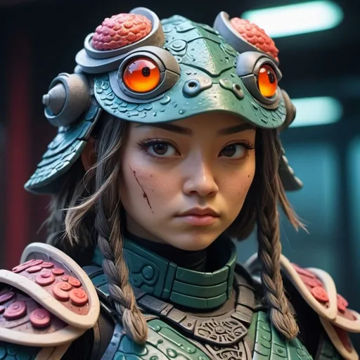 Prompt: Claymation scene of a futuristic sci-fi samurai armor-clad female toad warrior, toad face, detailed scales, intense and focused gaze, cool-toned color palette, urban cyberpunk setting, hi-res, ultra-detailed, claymation, sci-fi, samurai armor, detailed scales, futuristic, intense gaze, professional, atmospheric lighting
