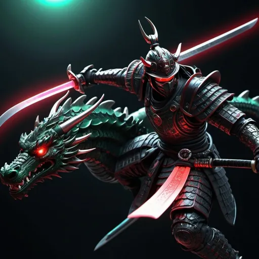 Prompt: smooth dragon-faced samurai, armored warrior, black and red, futuristic sci-fi, detailed scales with cosmic patterns, glowing neon armor, intense and piercing gaze, dynamic and powerful stance, high-tech samurai sword, cosmic energy effects, high quality, futuristic, cosmic, detailed scales, neon armor, intense gaze, powerful stance, high-tech sword, cosmic energy, black and green