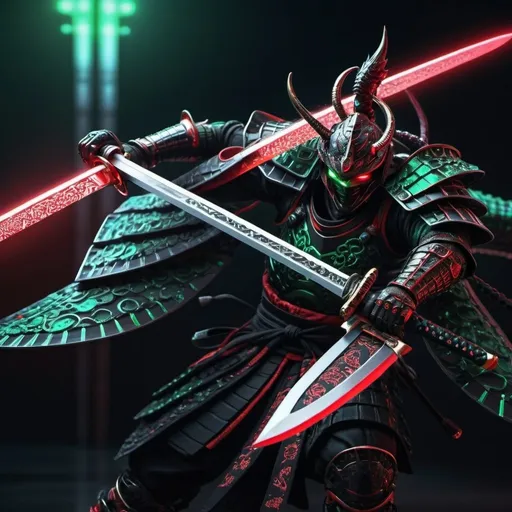 Prompt: smooth dragon-faced samurai, armored warrior, black and red, futuristic sci-fi, detailed scales with cosmic patterns, glowing neon armor, intense and piercing gaze, dynamic and powerful stance, high-tech samurai sword, cosmic energy effects, high quality, futuristic, cosmic, detailed scales, neon armor, intense gaze, powerful stance, high-tech sword, cosmic energy, black and green