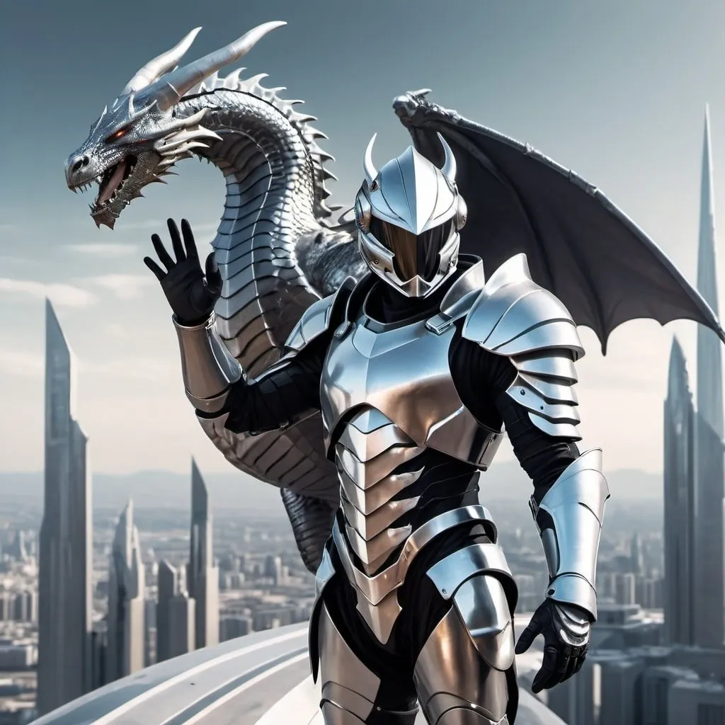 Prompt: Human knight wearing platinum and black armor Sci-fi, futuristic holding a 6 inch dragon in his raised hand on futuristic planet cityscape