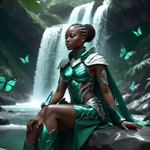 Prompt: Futuristic African female warrior in emerald armor, platinum cape, dramatic pose, sitting by waterfall, surrounded by butterflies, 4k, ultra-detailed, sci-fi, powerful, dramatic, beautiful armor, sparkling, shining, intense gaze, futuristic, waterfall setting, butterfly surroundings, professional, atmospheric lighting