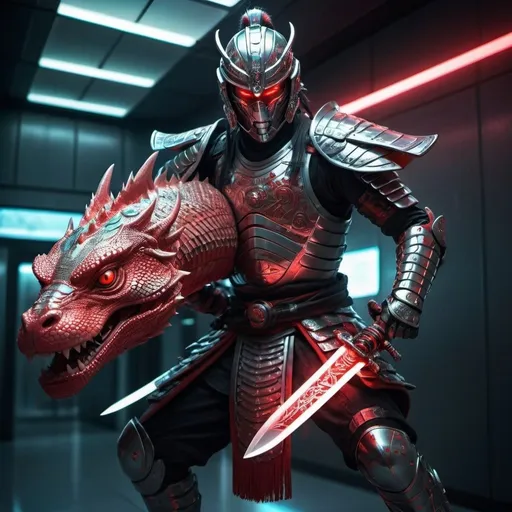 Prompt: Warrior with Lizard Face, with no helmet, wearing samurai, armored, platinum and red, futuristic sci-fi, detailed scales patterns, glowing neon armor, intense and piercing gaze, dynamic and powerful stance, high-tech samurai sword, cosmic energy effects, high quality, cosmic, neon armor, powerful stance, in futuristic hallway