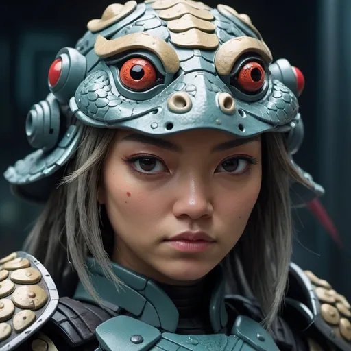 Prompt: Claymation scene of a futuristic sci-fi samurai armor-clad female toad face warrior, toad face, detailed scales, intense and focused gaze, cool-toned color palette, urban cyberpunk setting, hi-res, ultra-detailed, claymation, sci-fi, samurai armor, detailed scales, futuristic, intense gaze, professional, atmospheric lighting