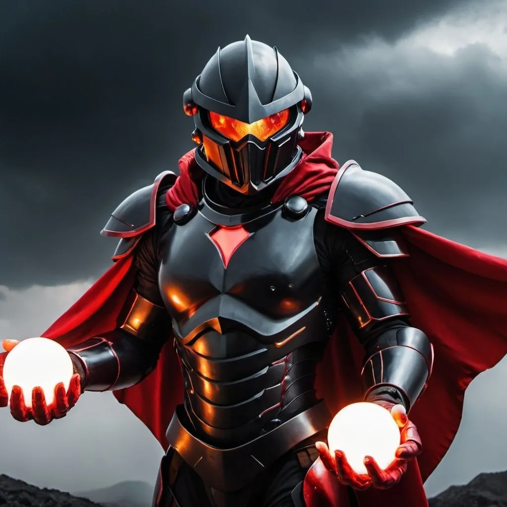 Prompt: Black Armor with ball shaped helmet, sci-fi, flying, futuristic, overcast sky, dramatic lighting, red cape, hands outstretched with fireballs in each hand