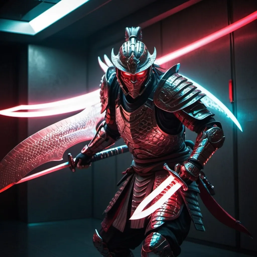 Prompt: Warrior with Lizard Face, with no helmet, wearing samurai armor, platinum and red, futuristic sci-fi, detailed scales patterns, glowing neon armor, intense and piercing gaze, dynamic and powerful stance, high-tech samurai sword, cosmic energy effects, high quality, cosmic, neon armor, powerful stance, in futuristic hallway