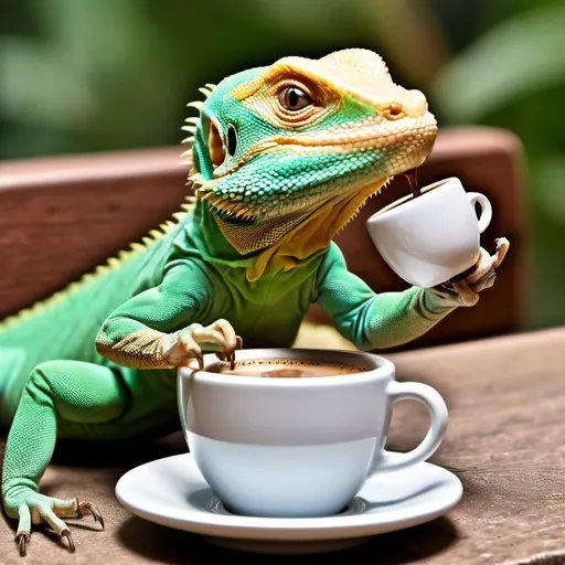 Prompt: a lizard is drinking a coffee