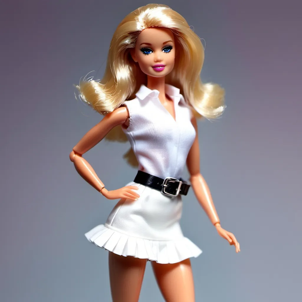 Prompt: Barbie doll, full length figure, wearing white micro miniskirt with ruffles, wide white belt with buckle