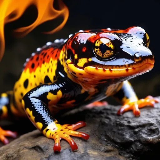 Prompt: Realistic digital painting of a vibrant fire salamander, high contrast, detailed scales with fiery colors, intense and captivating gaze, dynamic pose, 4k, ultra-detailed, realistic, vibrant colors, fiery tones, dynamic lighting