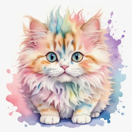Prompt: Hamster kitty hybrid in a whimsical watercolor painting, adorable and fluffy, vibrant pastel colors, cute and playful, high quality, watercolor painting, hybrid creature, vibrant pastel tones, whimsical, adorable, fluffy, playful, cute, highres